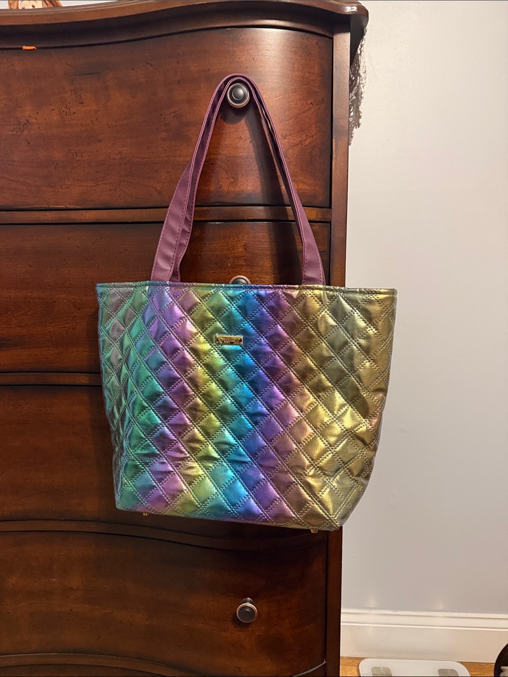 Makeup Junkie Quilted Iridescent Rainbow Tote Bag - Purple Handles